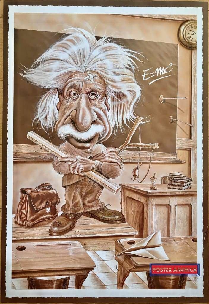 Albert Einstein Art Illustration Caricature Vintage Poster 24 x 35