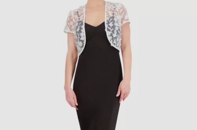 Eliza J Women's White Sheer Floral Cap-Sleeve Open Shrug Size M