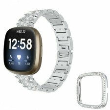 For Fitbit Versa 4 /Sense 2 Protective Bumper Case+Bling Metal Strap Watch Band