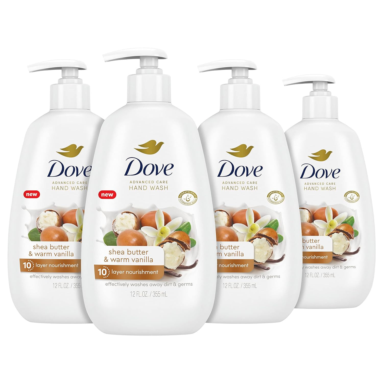 Средство для мытья рук Dove Advanced Care с маслом ши и теплой ванилью в количестве 4 шт. для придания мягкости и гладкости