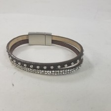 Rhinestone Silver Tone Studded Brown Leather Bracelet
