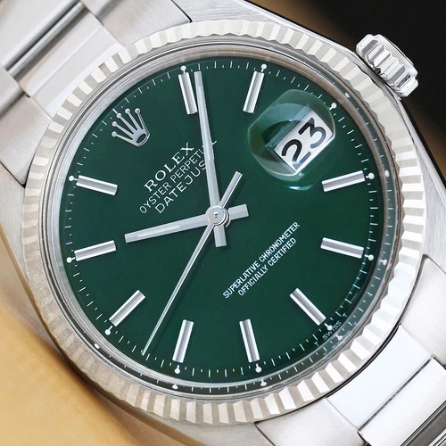 ROLEX MENS DATEJUST 1601 GREEN 18K GOLD STAINLESS STEEL WATCH w/ OYSTER BAND