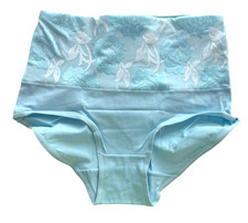 Women's XL High Waist Cotton Brief Underwear Blue Floral Lace Tummy Control NEW
