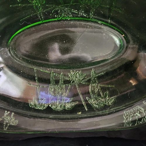 Vintage Federal Sylvan Parrot Green Depression Uranium Glass Oval Serving Bowl