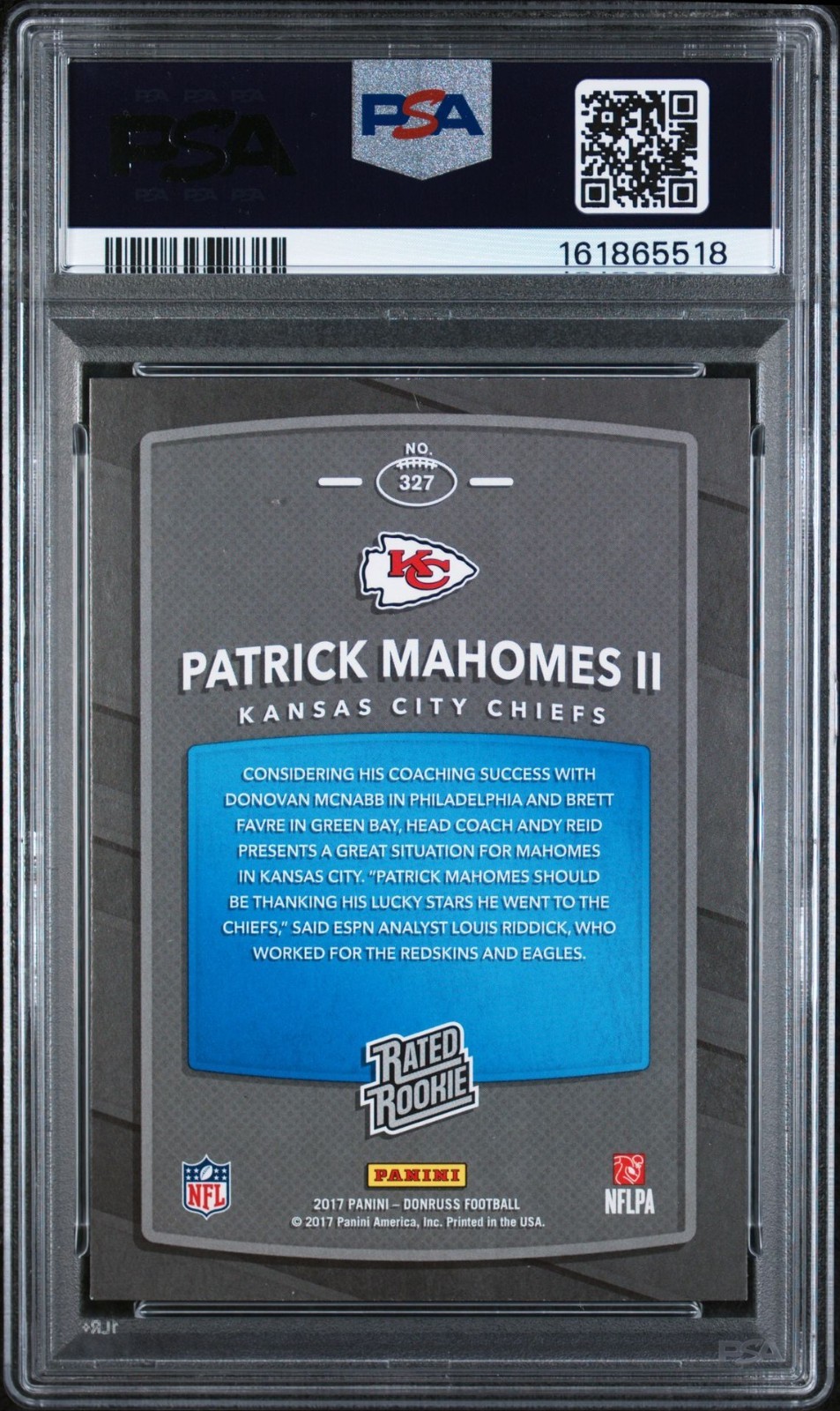 2017 Panini Donruss - Rated Rookie Patrick Mahomes II #327 (RC) PSA 9 view 2