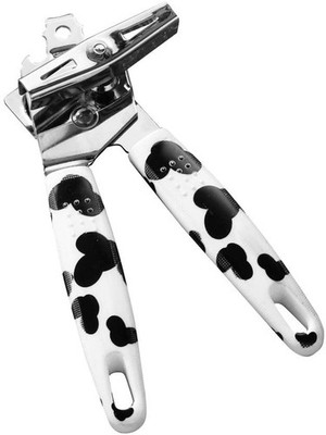 Mechanischer Dosenöffner mit weißem Kuhmotiv Mama Moo und Aufhängeschlaufe Utensil