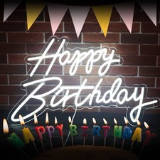 "Happy Birthday" neon sign, with dimensions of 21.7 inches x 13.8 inches
