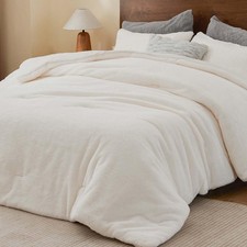 Faux Fur Fleece Queen Comforter Set - Fluffy Warm Cream White Comforter Que...