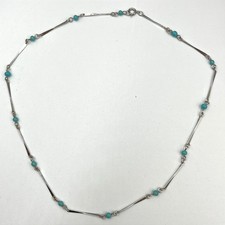 Vintage Retro Silver Tone Bar & Turquoise Blue Bead Station Necklace 17" Choker