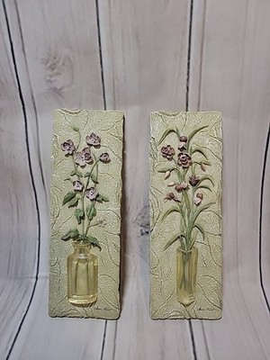 2 Vintage CHEN BLUM 3D Purple Flowers in Vase Wall Art Tiles Resin Wall Hanging