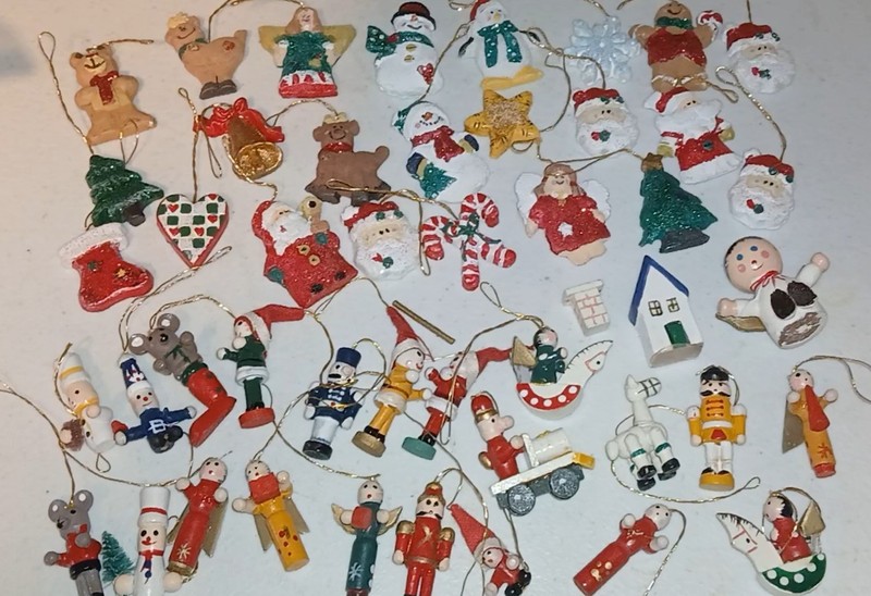 Lot of 46 Miniature Christmas ornaments - 23 Wood Hand Made & 23 Resin.