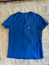 FIGS Women  s Medical Scrub Top V-Neck Short Sleeve Chest Pocket Blue Solid