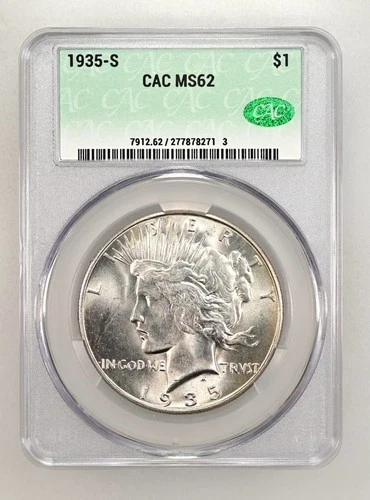 1935-S Peace Silver Dollar - CAC MS62 - KEY DATE COIN WITH CARTWHEEL LUSTER #334