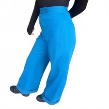 Vintage 70s Blue Wide Leg High Waisted Trousers Polyester 27W 40H 32L Cuffed