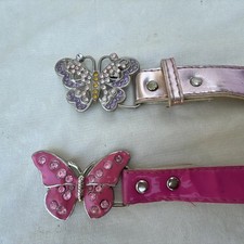 Vintage Little Girls Shiny Pink Belts With Rhinestone Butterfly Buckles
