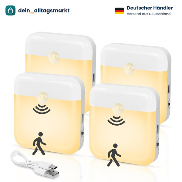 Wiederaufladbares Nachtlicht 4Er Set Mini LED Warmweiß 3000K Bewegungsmelder-image