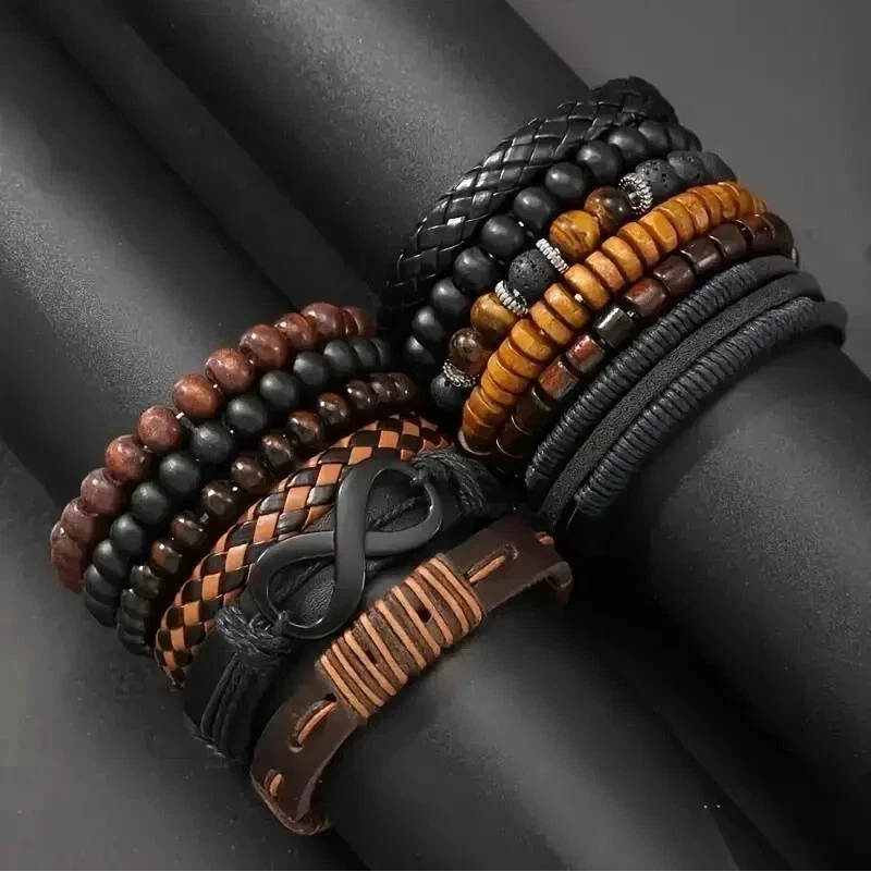 12pcs Set Mens Brown Black Beaded PU Leather Wooden Wristband Bangle Bracelet - Image 3 of 4
