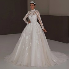 Elegant A-Line Wedding Dresses High Neck Long Sleeves Lace Applique Bridal Gowns
