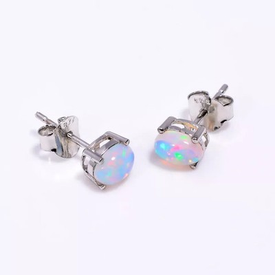 Natural Ethiopian Opal Oval Gemstone Cabs 925 Sterling Silver Tiny Stud Earring
