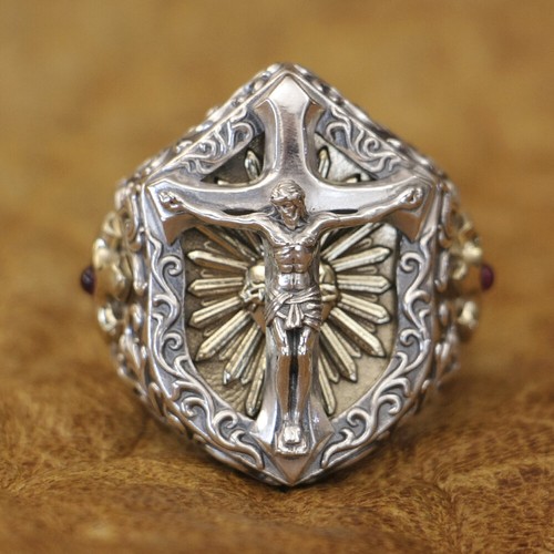 925 Sterling Silver Jesus Christ Cross Shield Biker Ring TA462B UK Size P½~Z5 - Picture 13 of 27