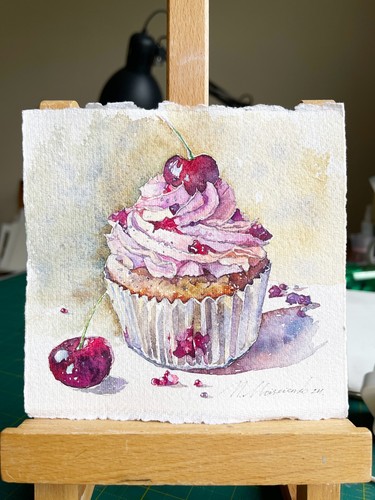 Cupcake with cream and cherries. Original watercolour - Picture 2 of 7