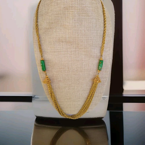 Miriam Haskell Vintage Long Chain Necklace Golden Tone Green Art Glass  30"