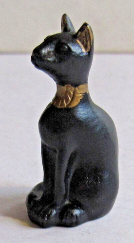 ORNAMENT EGYPTIAN CAT 35mm BLACK RESIN STATUE MINI GOLD PLATED COLAR EARS - Picture 3 of 5