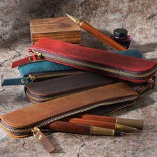 Handmade Cowhide Leather Vintage Zipper Pencil Case mini Pen Bag Pen Accessories