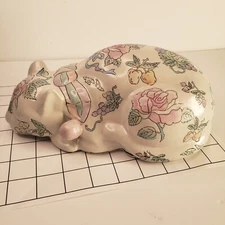MCM Hand-Painted Chinoiseries Ceramic Sleeping  Lucky Cat Figurine Pastel by WBI