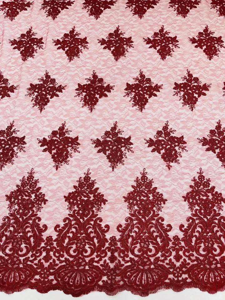 Floral Damask Corded Fabric - Burgundy Embroidered Floral Design with Damask - Image 4 of 4
