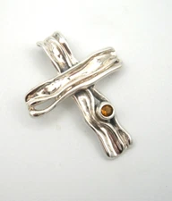HAGIT GORALI ORGANIC STYLE CROSS W/ CITRINE STERLING SILVER 925  1.50" TALL