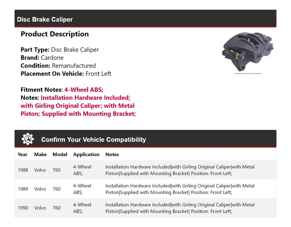 Pinza de freno de disco delantera izquierda cardone 1989 para Volvo 760 1988-1990 Foto 2 de 4