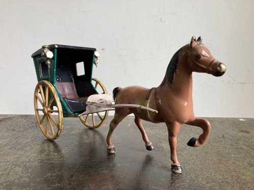 Vintage Hand Painted Brass Horse and Cart Figure Ornament Farmhouse Barn Salvage - Picture 3 of 21