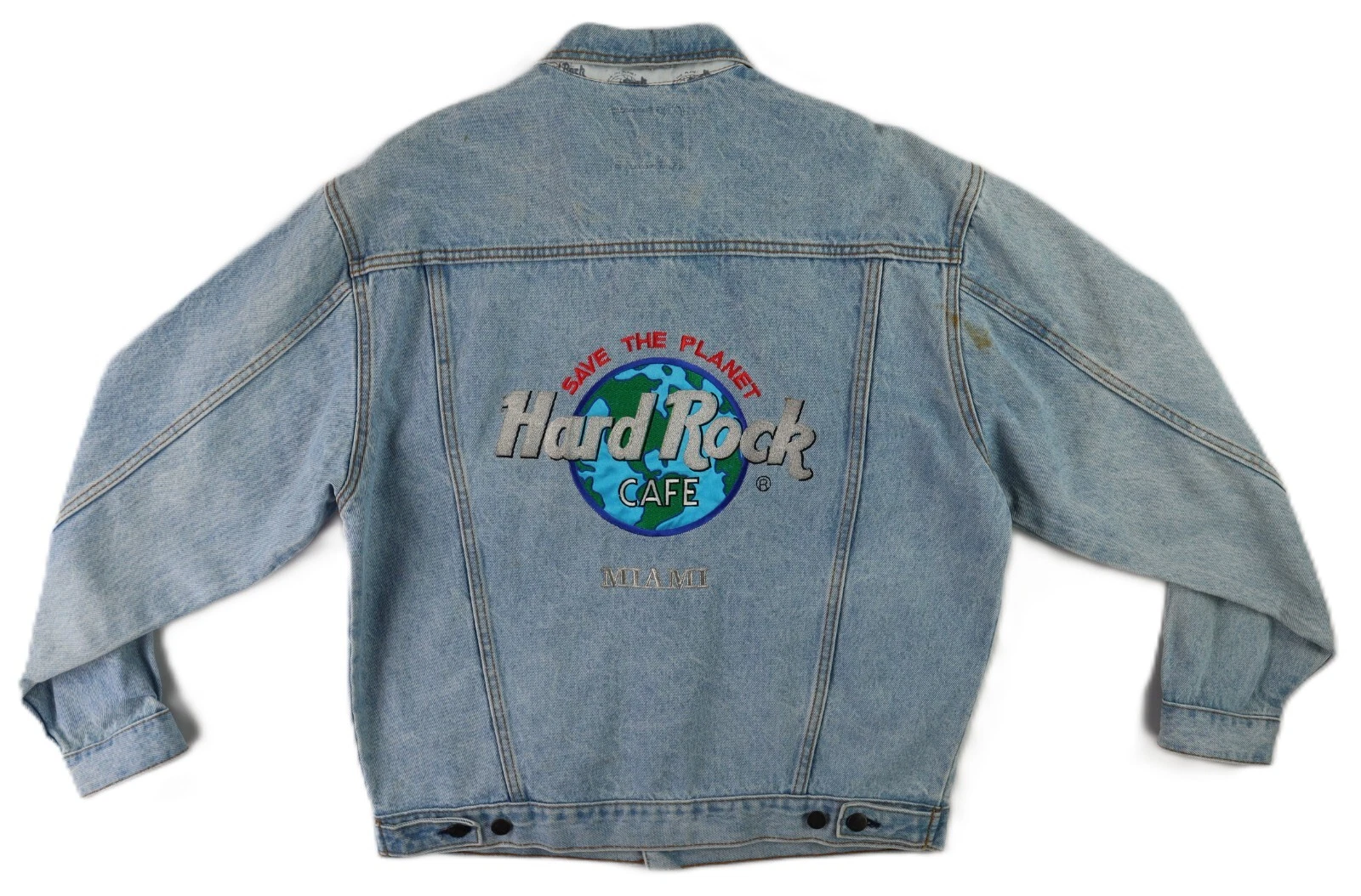 HARD ROCK CAFE Men’s Medium Blue 100% Cotton Denim Trucker Jacket Miami