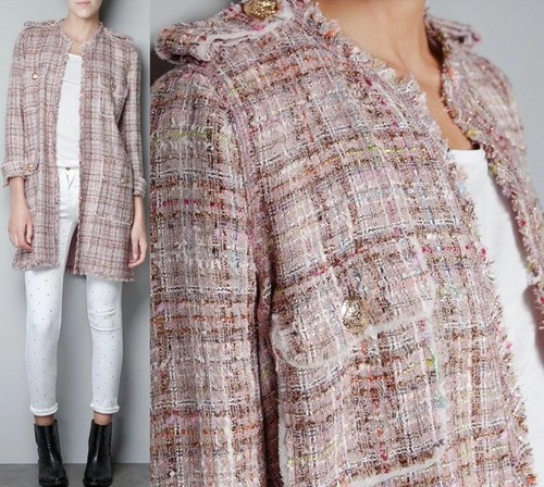 A374 ZARA WOMAN FANTASY TWEED PINK LONG GOLD BUTTONS COAT BLAZER JACKET Large - Picture 1 of 15