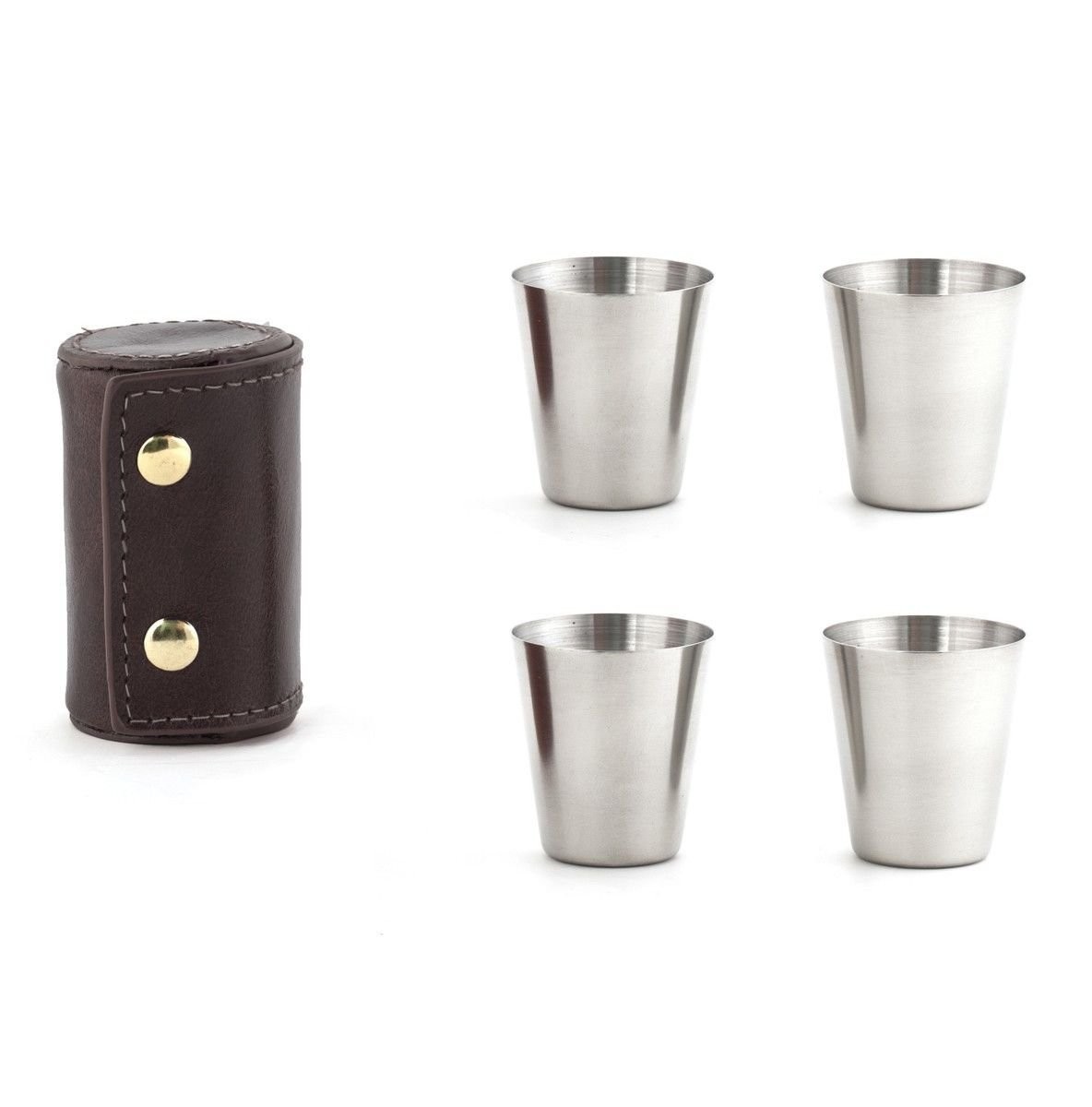 KIKKERLAND BA59 Shot Glasses with Leather CASE, Stainless Steel, Brown, 5 Piece