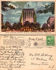 Hotel Statler Detroit Postcard 1945 Grand Circus Park at Washington Blvd Vintage