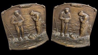 Antique Bronze Angelus by Millet Farmer & Wife Praying Bookends