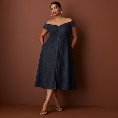 Women's Off the Shoulder Denim Button-Down Midi Dress - Rosie Assoulin Dark
