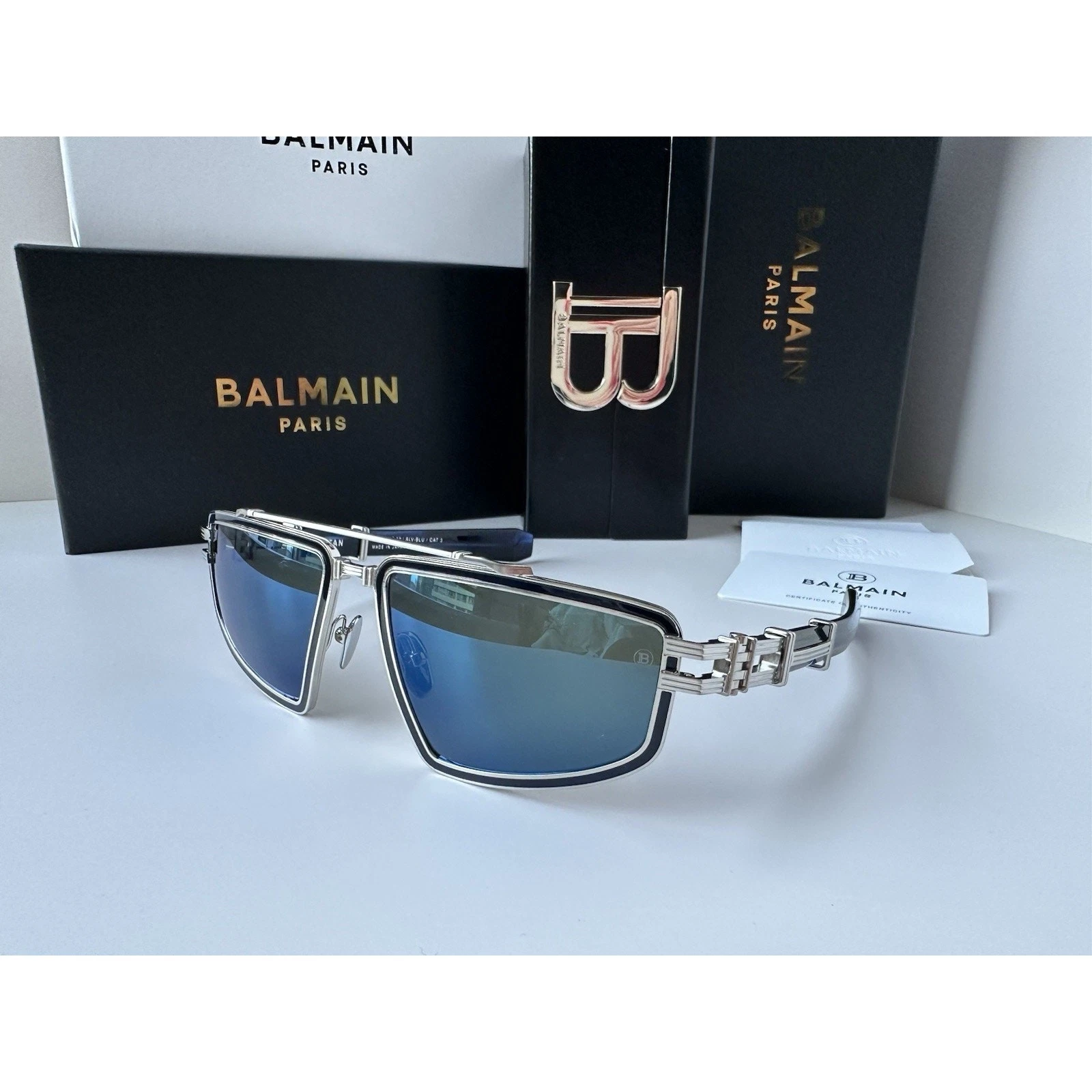 Balmain — BALMAIN TITAN BRUSHED SILVER/BLUE SWIRL BPS-139-C 59mm Sunglasses AUTHENTIC