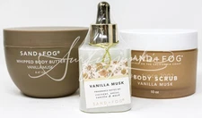 Sand + Fog Vanilla Musk Perfume Oil 1.7oz  Whipped Body Butter Lotion Scrub 3pc