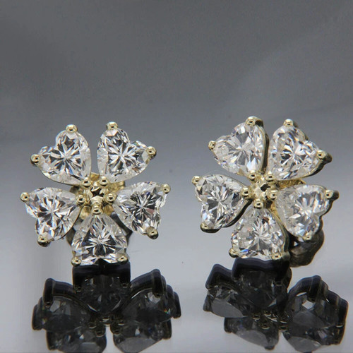 2Ct Lab Created Diamond Heart Cut Flower Stud Earrings 14k Yellow Gold Plated - Picture 5 of 5