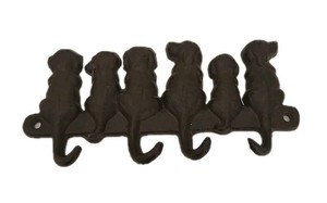 Rustic Cast Iron 8" Wall Mounted  Holder For Keys & Leashes With 6 Brown Dogs!