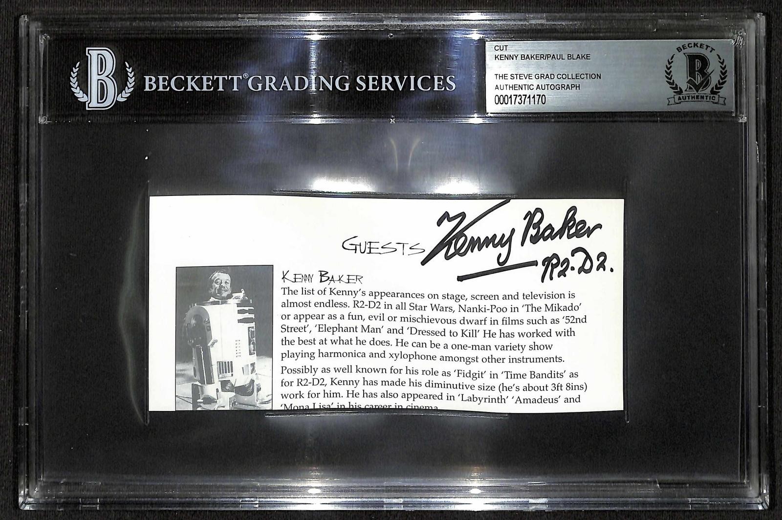 Kenny Baker Signed Star Wars R2-D2 Cut Beckett 
