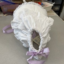 NWT White Baby Bonnet Strap Eyelets Lace 14, Lavender Satin Chin Strap