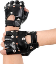 Black Leather Motorcycle Gloves, Gothic Fingerless Gloves Men Women, Fingerless