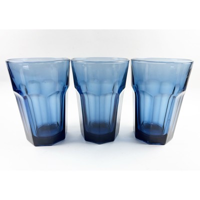 Libbey Gibraltar Dusky Blue Tumbler Duratuff 5  Tall 8 Panel Glass Set of 3 Vtg