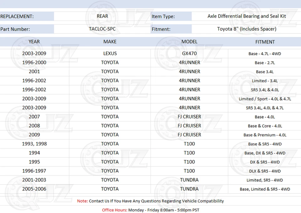 Master Differential Rebuild Kit TACLOC-SPC Toyota 4Runner FJ Cruiser Tundra T100 - Image 2 of 4