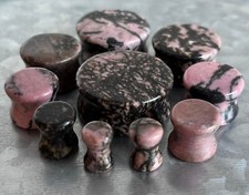 PAIR Rhodonite Stone Plugs Organic Gauges Black Pink Tunnels Earlet Body Jewelry