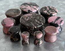 PAIR Rhodonite Stone Plugs Organic Gauges Black Pink Tunnels Earlet Body Jewelry